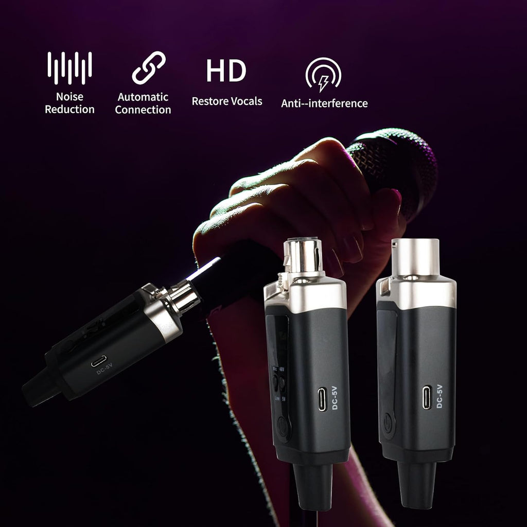 Wireless XLR Microphone Transmitter Receiver, UHF Wireless Mic System with 16 Channels, Guitar Wirless Adapter with