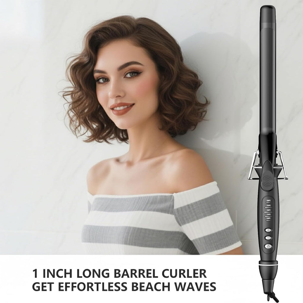 1 Inch (25mm) Extra Long Barrel Curling Iron for Long Hair, Ceramic Tourmaline Wand with Clamp, Fast Heating & Auto