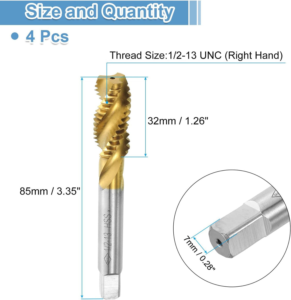uxcell 4pcs Spiral Flute Thread Taps,1/2-13 UNC H2 Screw Threading Tap