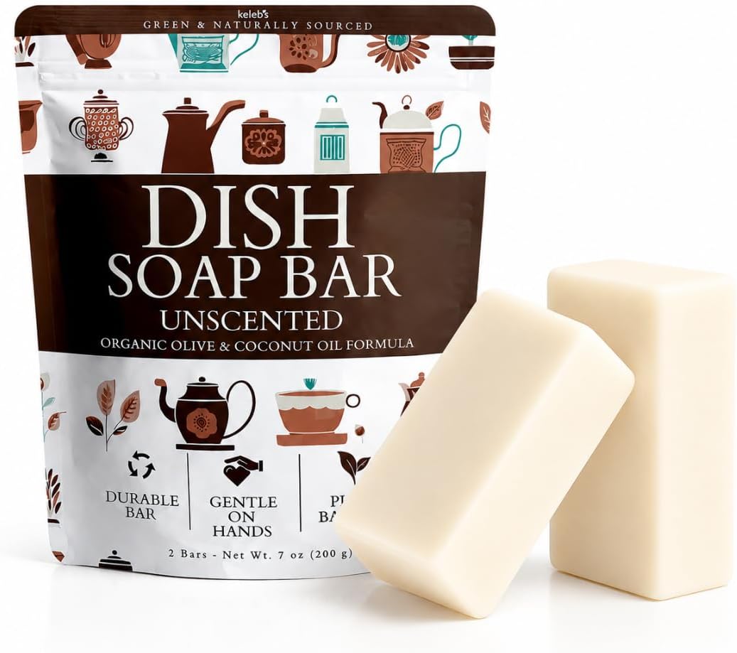 Unscented Natural Dish Soap Bar, Organic Coconut, Non-Toxic, 2-Pack