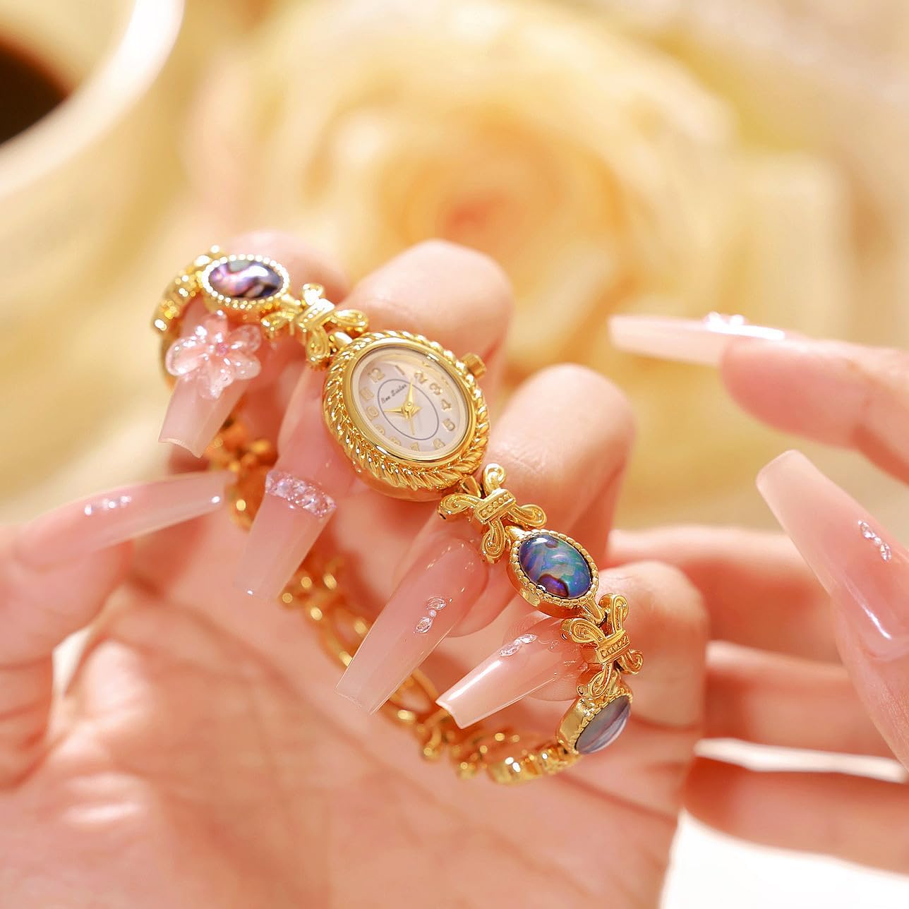 Women’s Bracelet Watch Gold Tone Small Oval Bangle Quartz Watches | Jewelry Band, Abalone Shell Accent Slim Dress