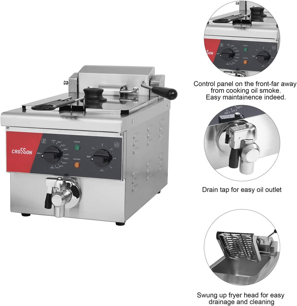 6L Electric Countertop Deep Fryer Extra Large with Drain,Timer,Basket and Lid for Restaurant Use 120V,1800W