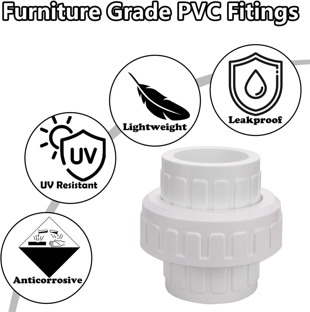 1-1/2" PVC Union Coupling Pipe Fitting (actual diameter 1.9") PVC Adapter Schedule 40(Socket x Socket), EPDM O-Ring, White 2 Pack