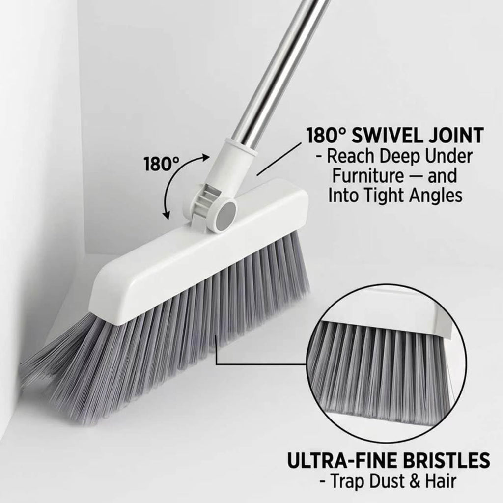 4-in-1 Broom and Dustpan Set, Long Handle Broom with Built-in Squeegee