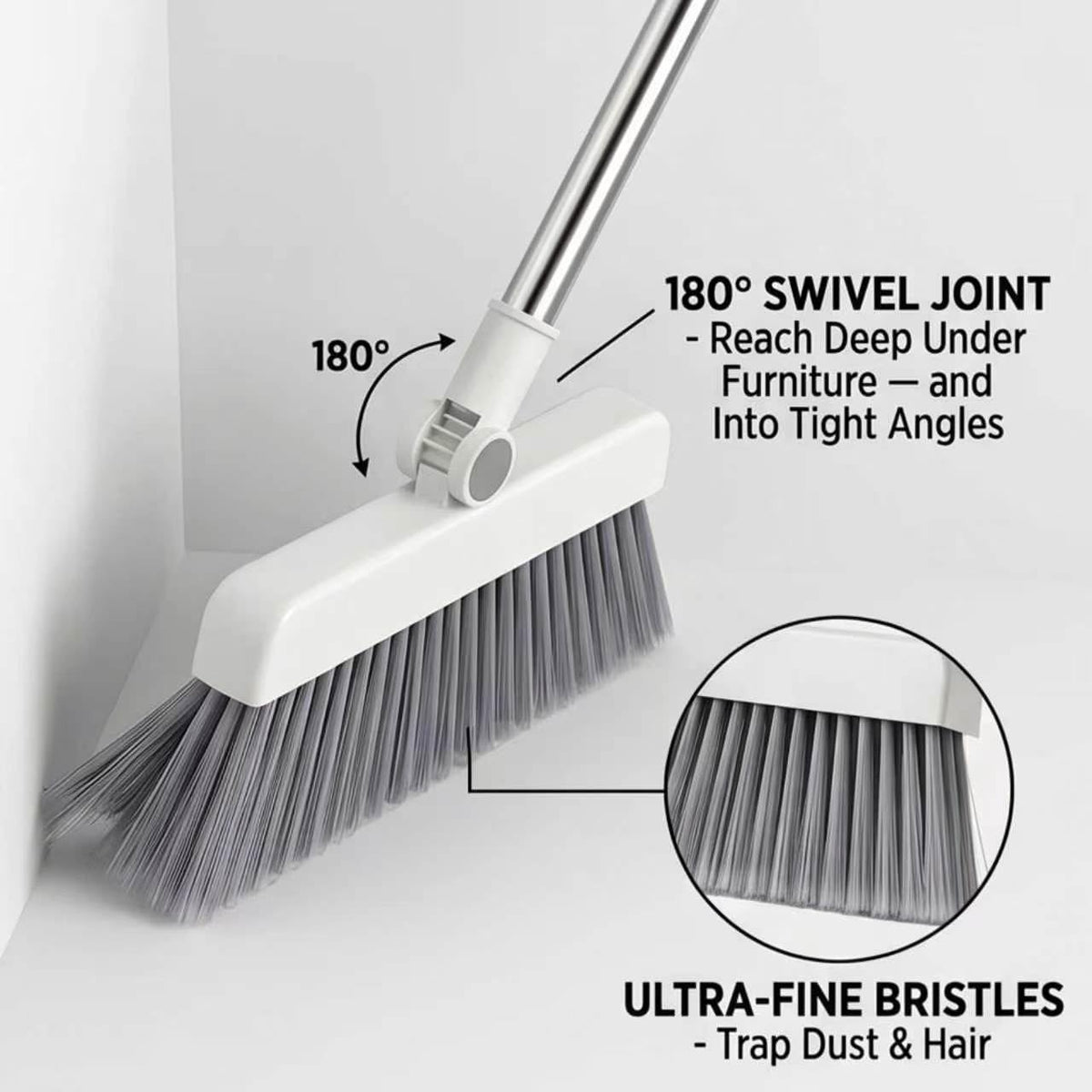 4-in-1 Broom and Dustpan Set, Long Handle Broom with Built-in Squeegee