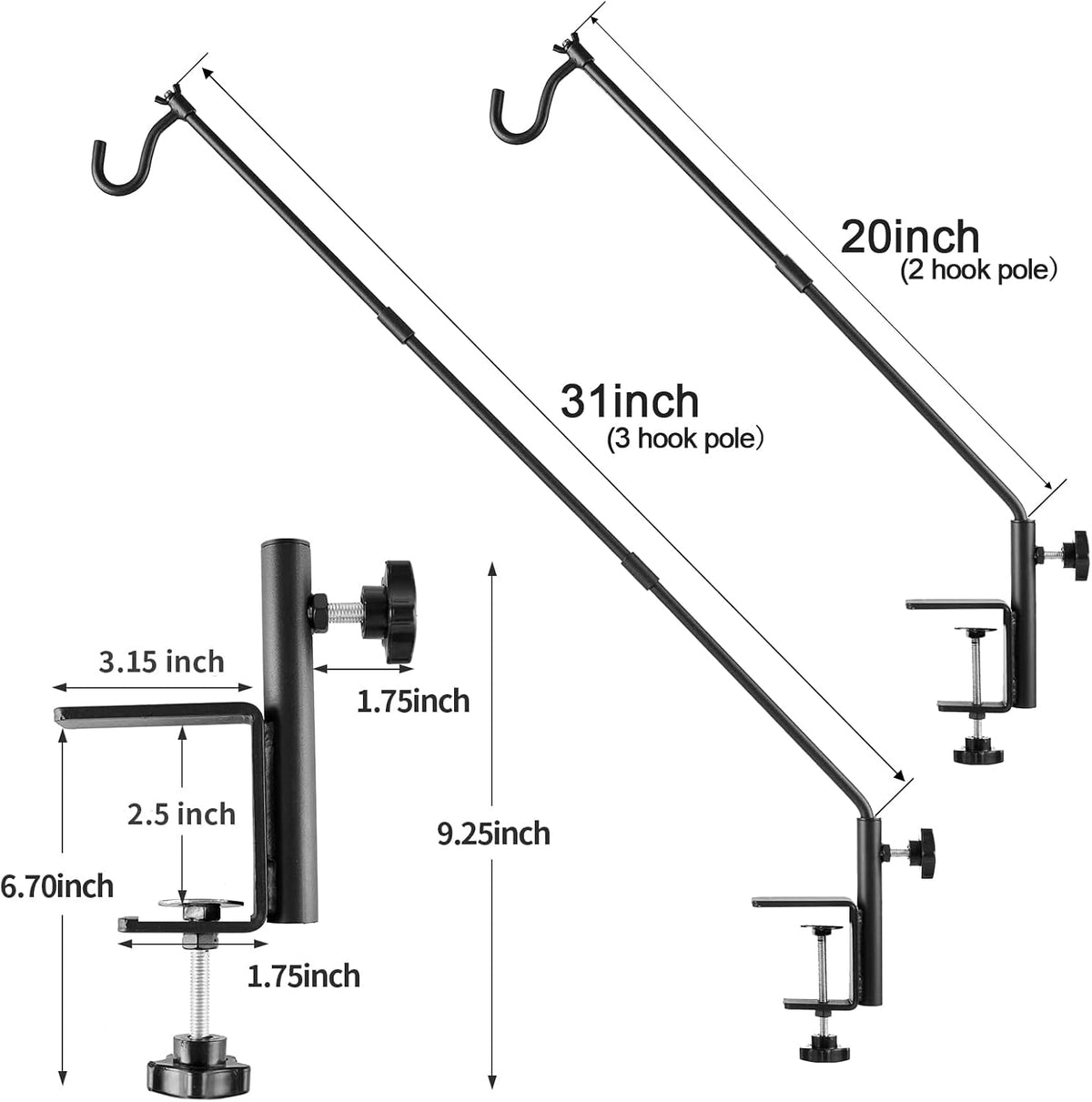 2 Pack Heavy Duty Deck Hook, 31 Inch Extended Adjustable, 360° Rotatable Arm Solid Rod, Solid Steel Deck Hangers for