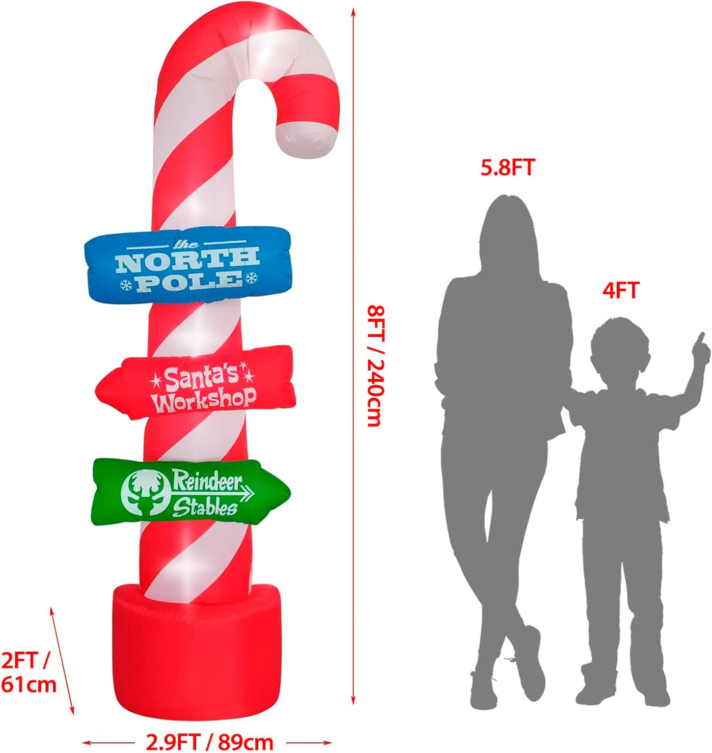 8ft Outdoor Candy Cane Stacking Sign Inflatables with LED Lights - Blow Up Yard, Garden, Lawn Decorations for