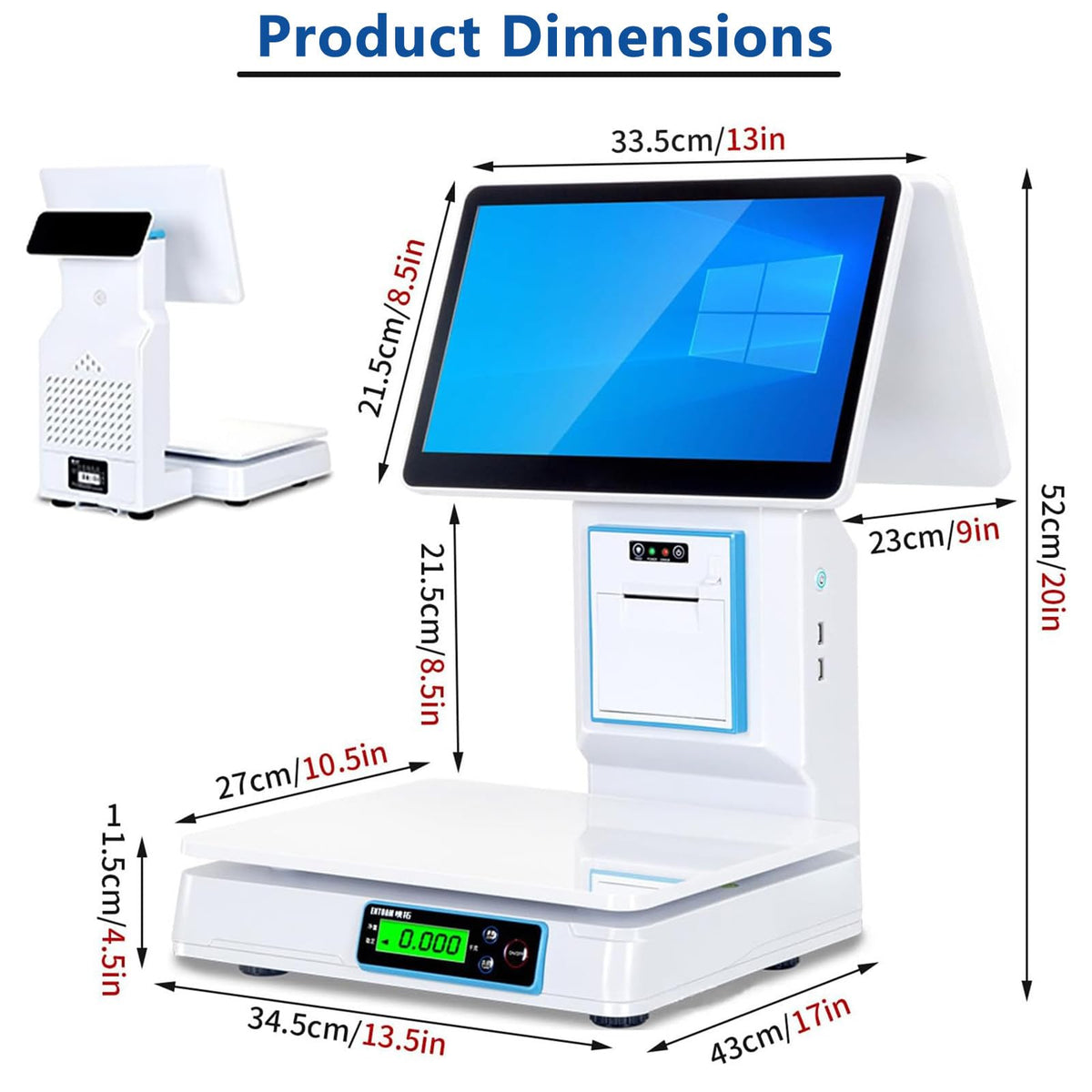 15.6" Commercial POS Cash Register Scale with Integrated Printer, Touchscreen, Barcode Scanner