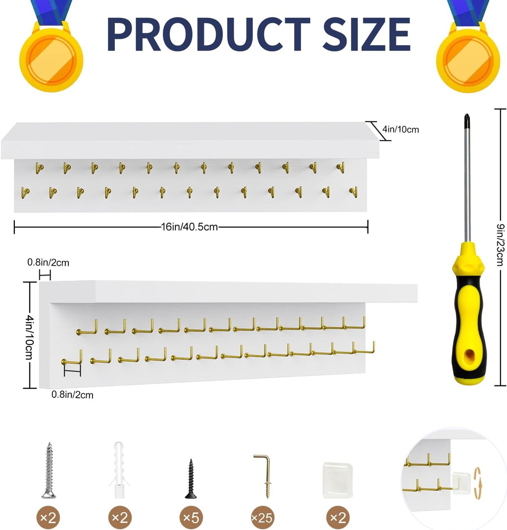 Medal Holder Display Trophy Shelf Organizer, Sturdy Wooden Race Award Hanger Rack with 25 Steel Hooks, Wall Mount