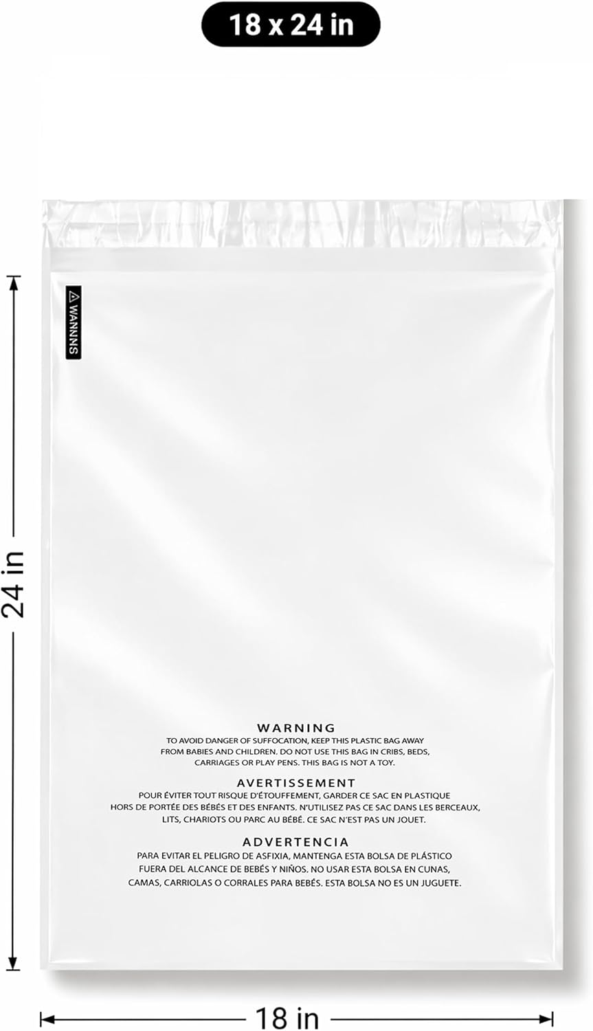200 Count 18x24” Clear Poly Bags with Suffocation Warning Self-Sealing Plastic Bags for Shipping, Retail Packaging