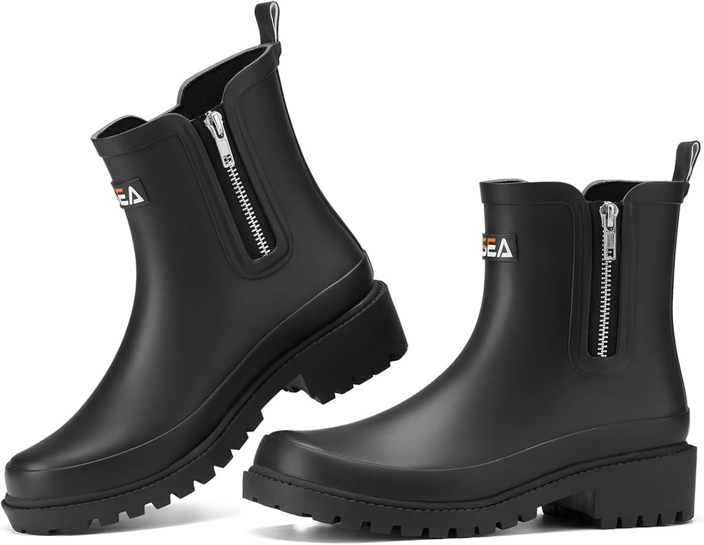 Short Rain Boots for Women with Zipper Waterproof Chelsea Boots Rubber Garden Shoes for Ladies Fashion