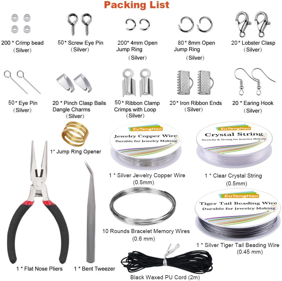 Jewelry Making Kit with Pliers, Wires, Jump Rings, Clasps, Cord and More for Jewelry DIY Crafts - Silver