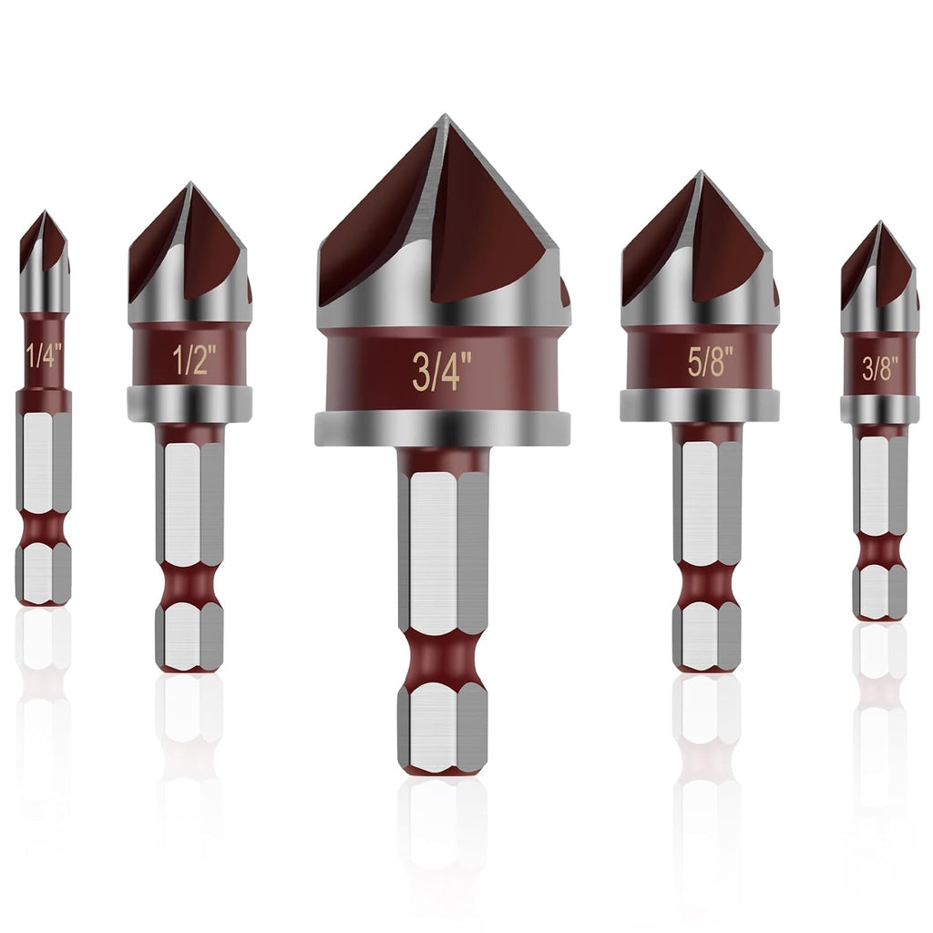 5PCS Countersink Drill Bit Set, 1/4" Hex Shank Countersink Bit Set for Wood