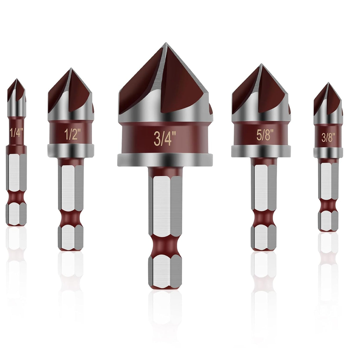 5PCS Countersink Drill Bit Set, 1/4" Hex Shank Countersink Bit Set for Wood