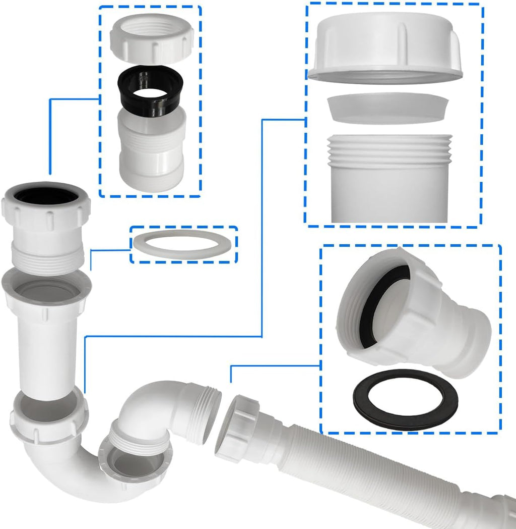 White 1 1/4" and 1-1/2" P-Trap Plumbing Kit with Threaded Adapter, J-Bend for Restroom Sink Kitchen Sink Drain Pipe