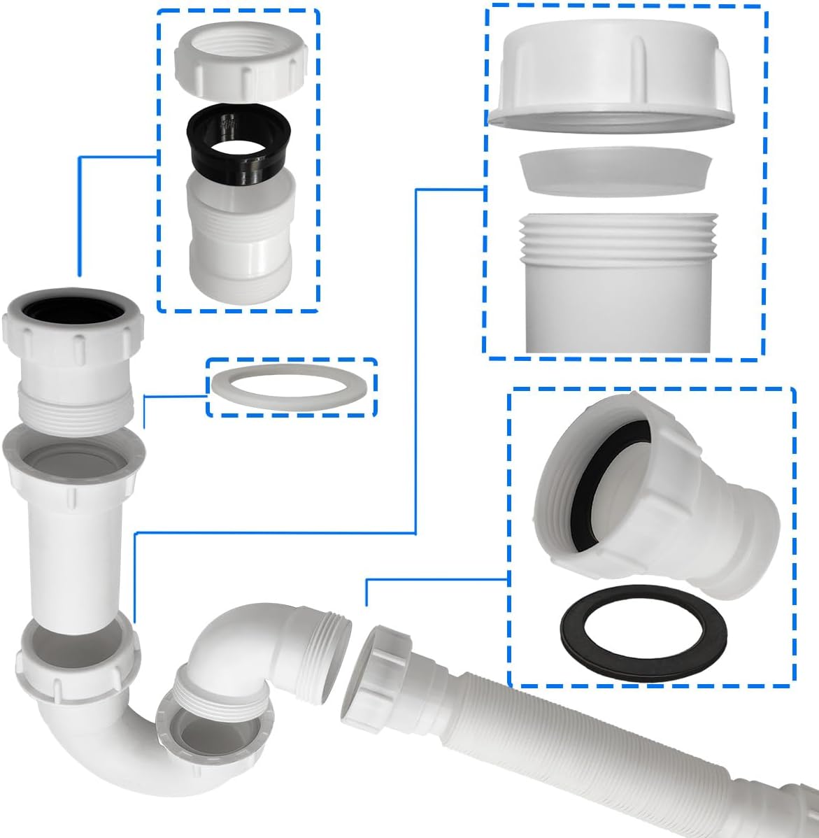 White 1 1/4" and 1-1/2" P-Trap Plumbing Kit with Threaded Adapter, J-Bend for Restroom Sink Kitchen Sink Drain Pipe