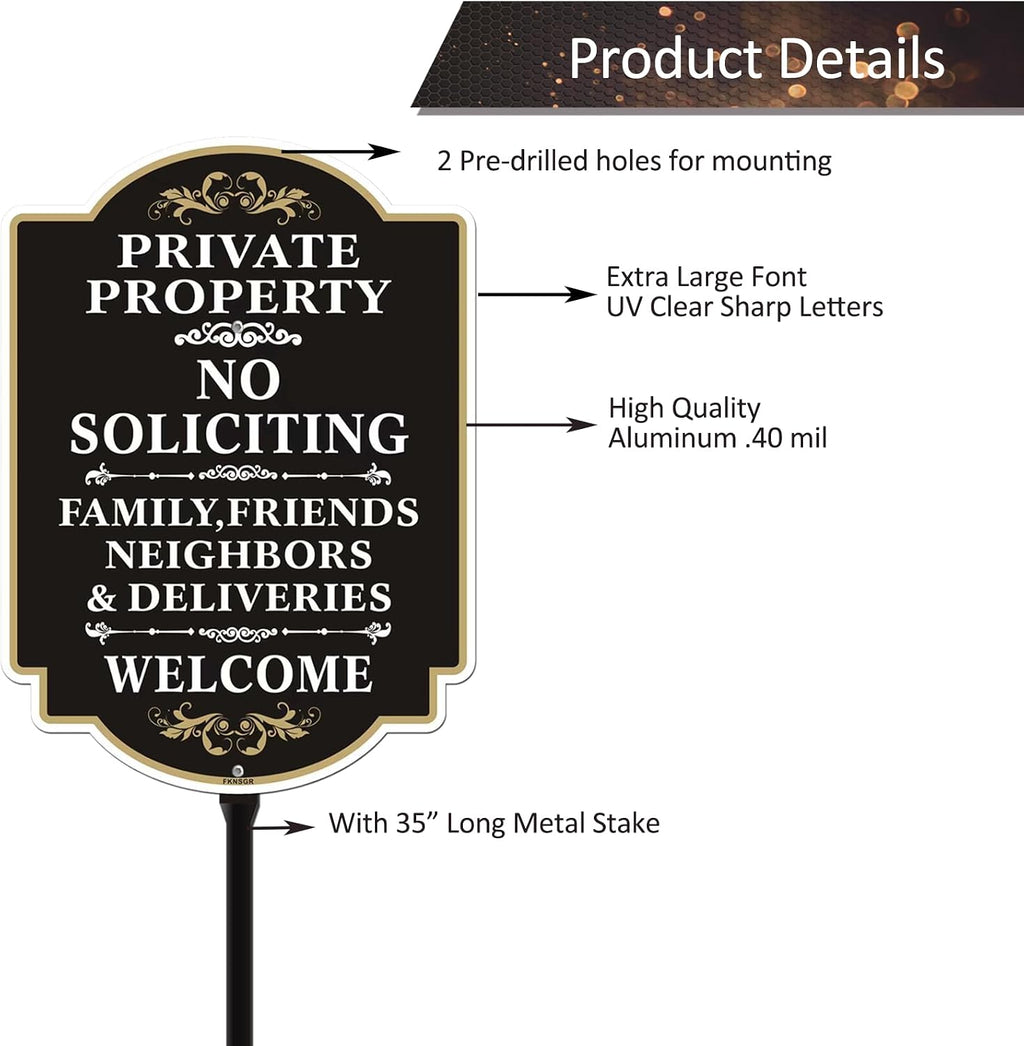 No Soliciting Sign with A Sturdy 35-inch Height Stake Aluminum | 12 x 8 inch Private Property Sign Black UV Protected
