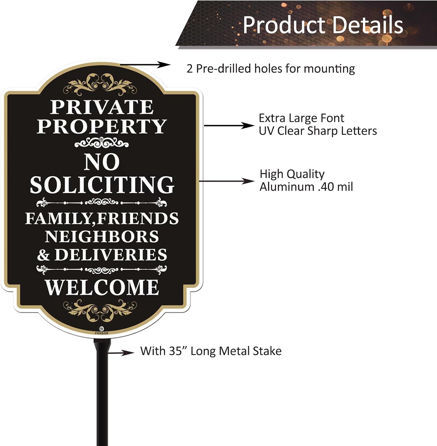 No Soliciting Sign with A Sturdy 35-inch Height Stake Aluminum | 12 x 8 inch Private Property Sign Black UV Protected