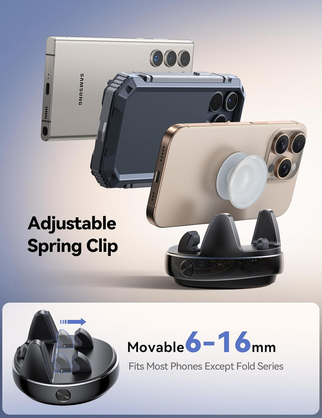 Car Phone Holder Mount, 360° Adjustable & Avoid Sun Glare Phone Holder for Car, Slip Free Spring Snap Design