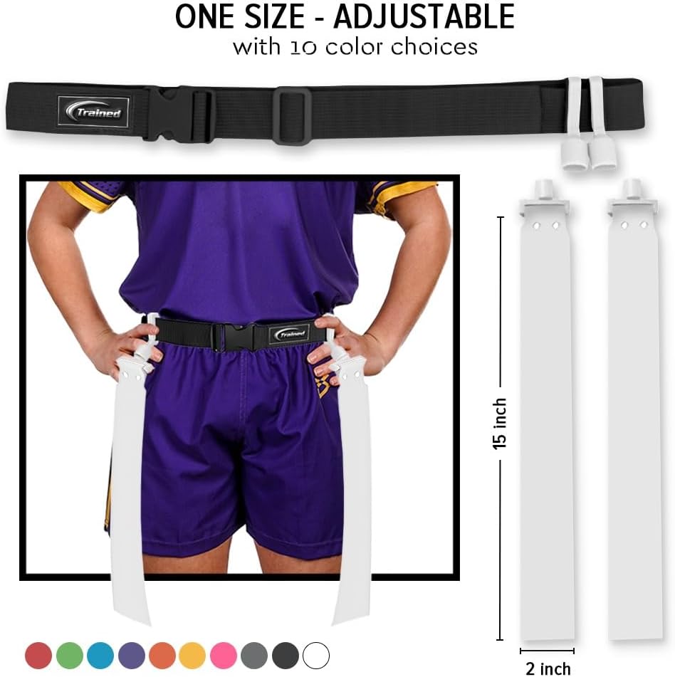 Adjustable Flag Football Belt Set, White, 2 Pop Flags | Audible snap confirms every tag; durable woven fabric resists