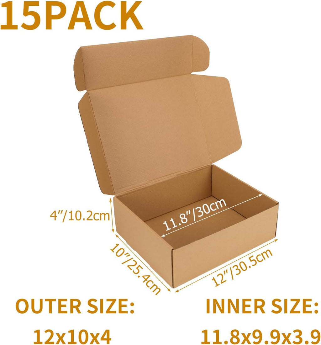 15 Pack 12x10x4 inch Cardboard Shipping Boxes, Brown Gift Boxes