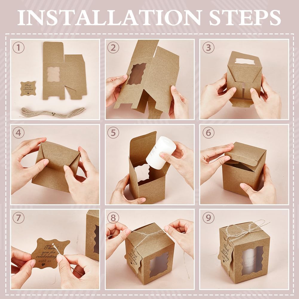 50pcs Candle Gift Boxes, Paper Gift Boxes 3.35x3.35x3.94inch Small Packaging Box with Visible Window Tags and Ropes