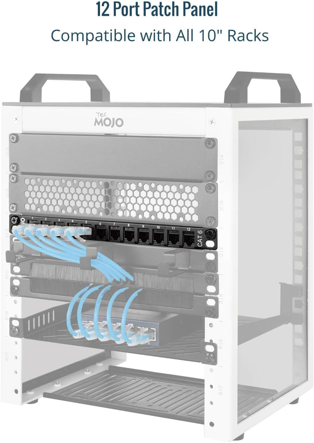 Tecmojo 12-Port Cat6 Patch Panel, 0.5U Rack Mount Modular Panel with Keystone Coupler, for 10" Server Rack & Network Cabinet, Gigabit Ethernet, Black
