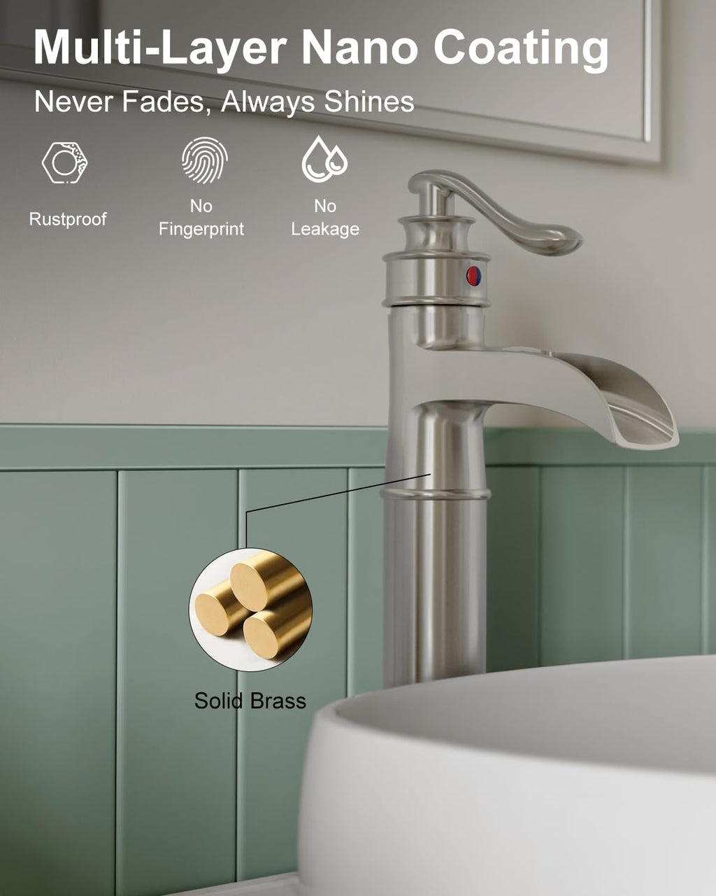 Waterfall Vessel Sink Faucet Brushed Nickel Single Handle 1 Hole