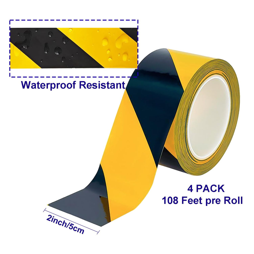 Floor Marking Tape, 4 Rolls Black and Yellow Safety Striped Tape for Hazard Warning and Aisle Marking, High-Tensile