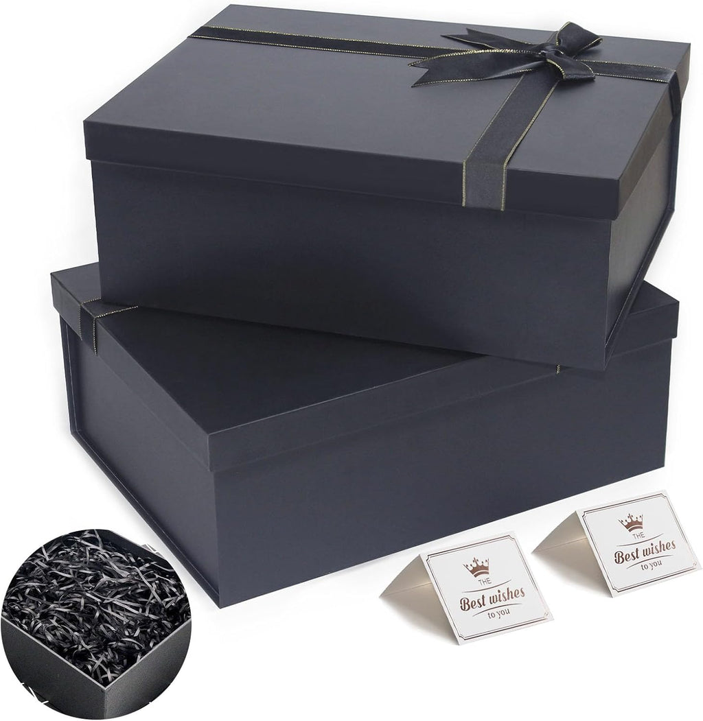 Large Gift Boxes, 13"x10"x5" Black Gift Boxes 2 Pack Sturdy Gift Box with Lids for Presents, Gift Wrap Boxes for