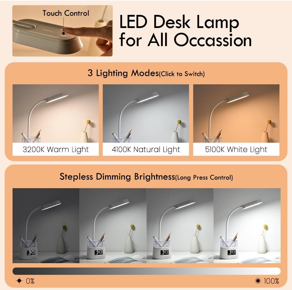 LED Desk Lamps for Home Office with Pen Holder, Table Lamp for Bedroom with USB Charging Port & Clock, RGB Night