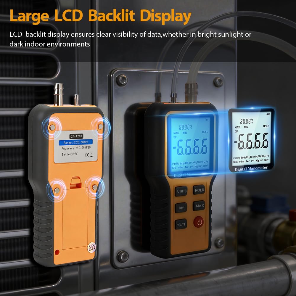Rckskaya Digital Manometer HVAC,Differential Dual-Port Air Pressure Meter