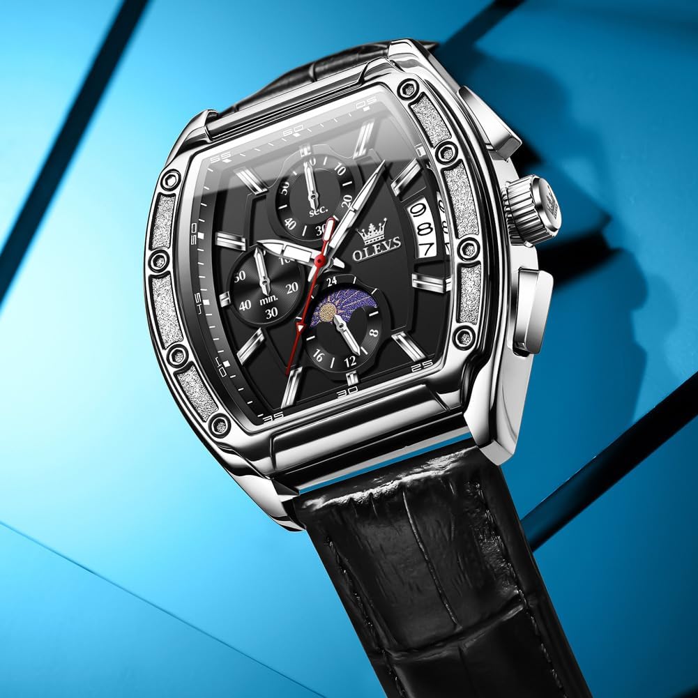 Mens Watches Analog Quartz Chronograph Square Dress Watch for Man Stainless Steel or Leather Band Waterproof Luminous