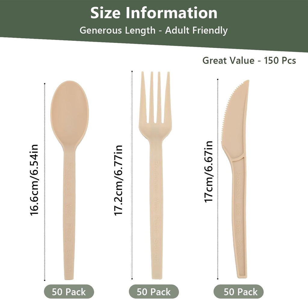 Disposable Silverware Bulk Heavy-Duty 150 Pcs, Compostable Forks, Spoons and Knives, Disposable Cutlery Set