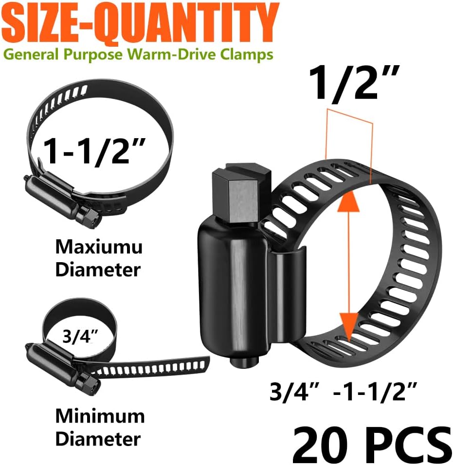 20pcs Black Hose Clamp,3/4"- 1-1/2"(21-38mm)304 Hose Clamps Stainless Steel Adjustable Worm Gear Hose Clamps