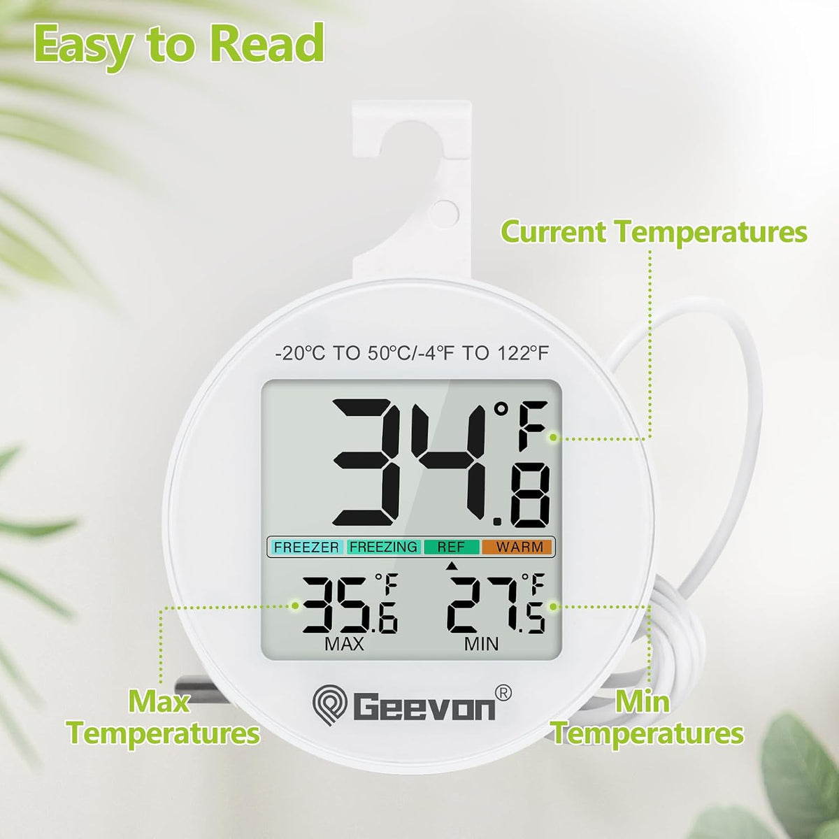 Refrigerator Thermometer 2 Pack IP65 Waterproof, with External Sensor, Fridge Temperature Monitor for Home