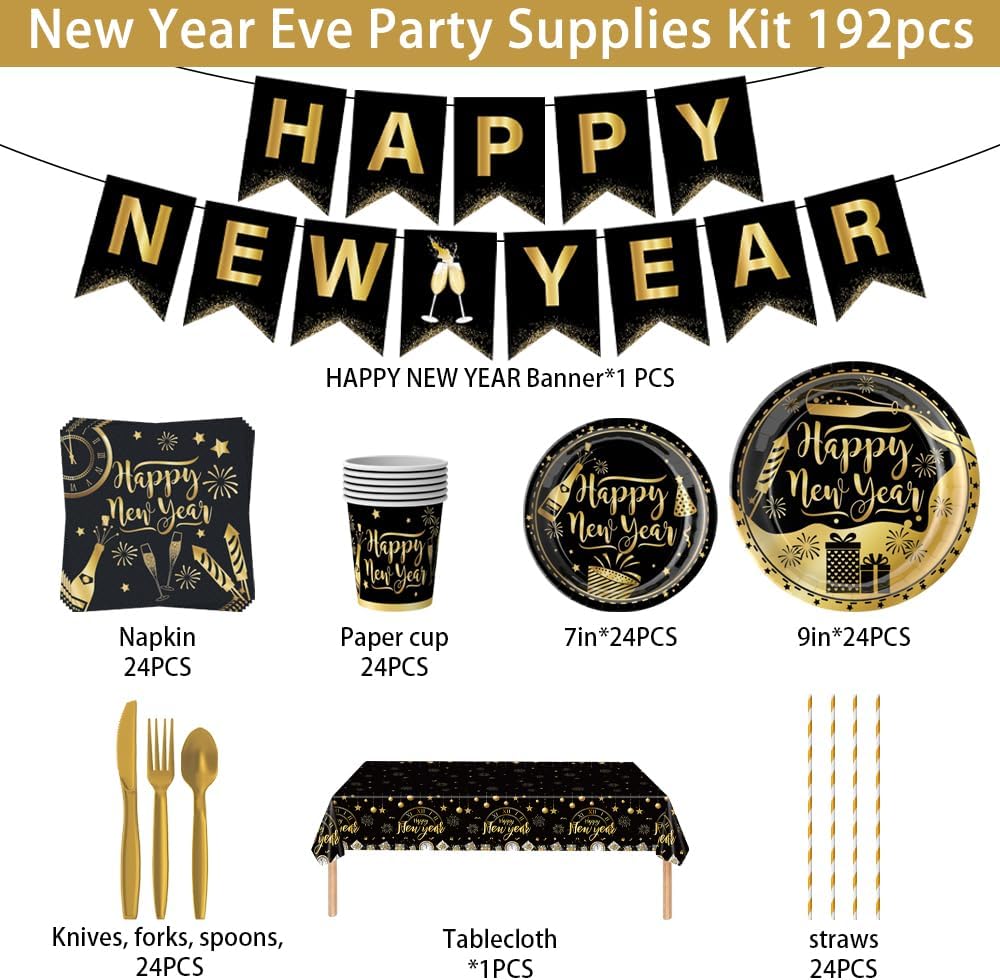 Happy New Years Eve Party Supplies Kit – New Year Eve Decorations Banner Plates and Napkins Cups Forks Tablecloth