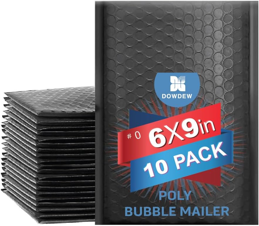 Water Resistant Bubble Envelope Mailers [10 Pack] 6 inch x 9 inch #0 Black Poly Padded Shipping Envelopes Self