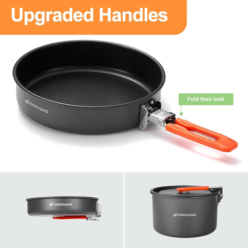 Camping Cookware Mess Kit, Camping Cooking Pot Fry Pan and 1.1L Kettle Set, Portable Camping Cookware Set with Mesh