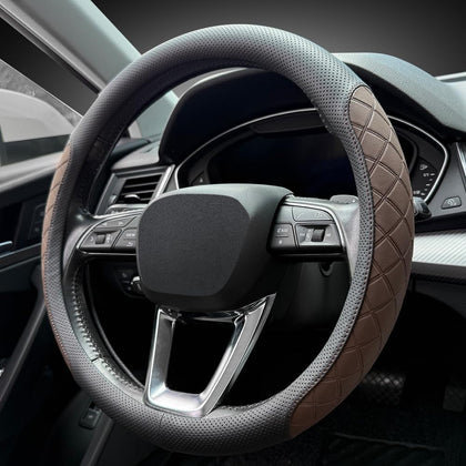Nappa Leather Steering Wheel Cover,Elegant Diamond Checkered Design, Non-Slip wear-Resistant, Enhance Driving