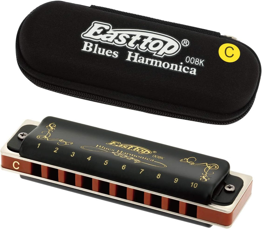 Harmonica Key of C 10 Holes 20 Tones 008K Mouth Organ with Black Cover, Top Grade Harmonica for Adults, Professionals