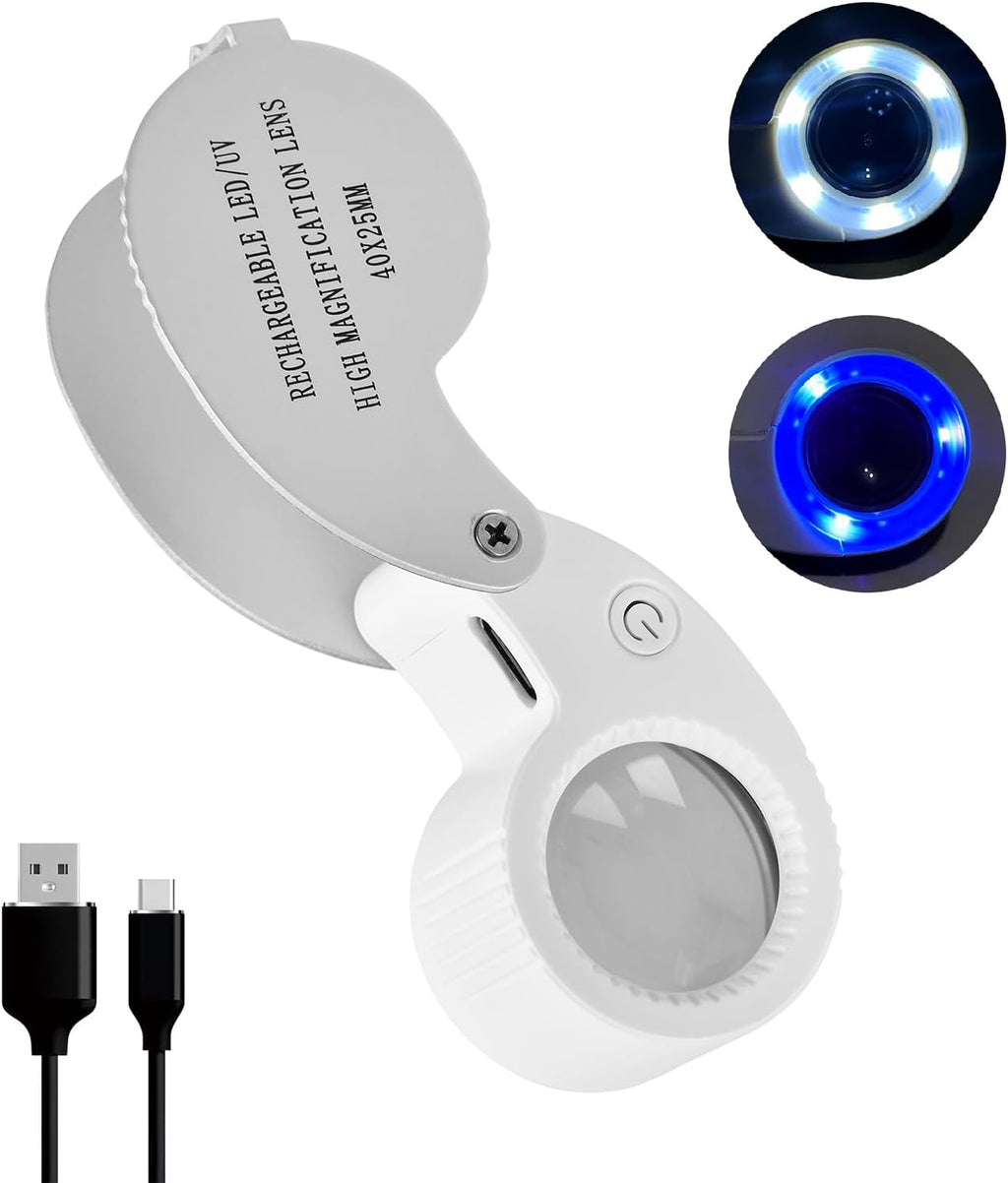 Pocket Jewelry Loupe Magnifier Rechargeable with 6 LED and 3UV Lights, Small Metal Magnifying Glass 25mm Optical Lens