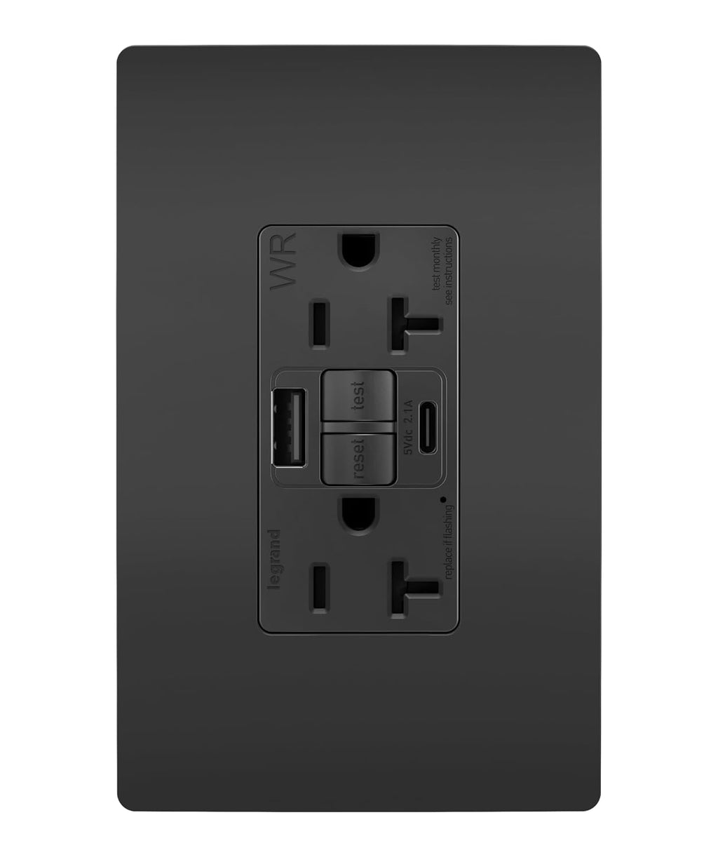 Legrand 20 Amp Hospital Grade GFCI USB Type A/C Wall Outlet Black 1 Pack