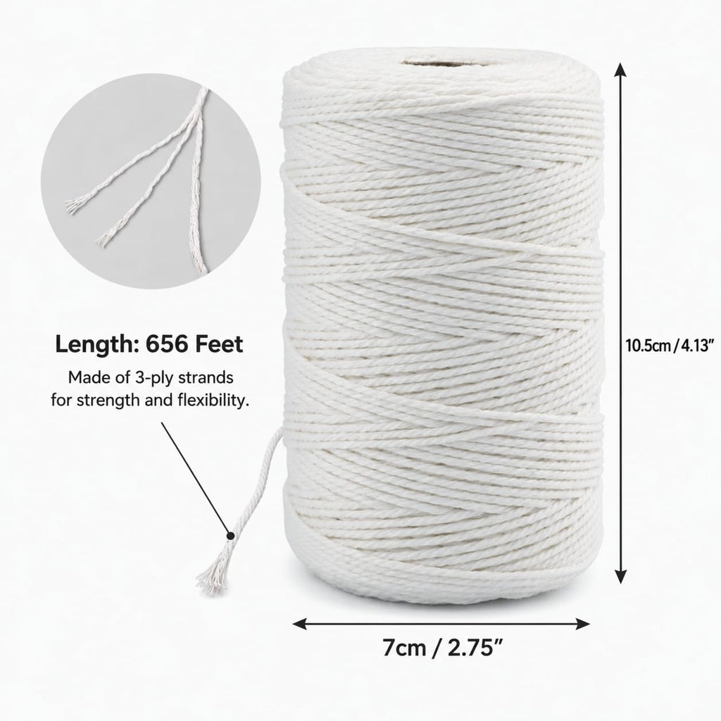 Cotton Butchers Twine String 656 Feet 2mm White Twine for Cooking