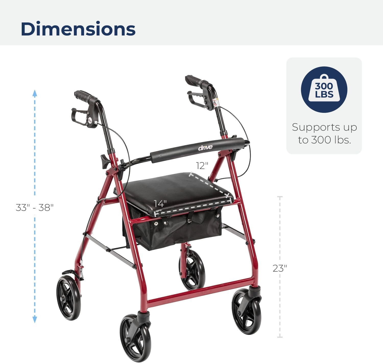 Aluminum Rollator Fold Up and Removable Back Support, Padded Seat with 7.5-Inch Casters, Red
