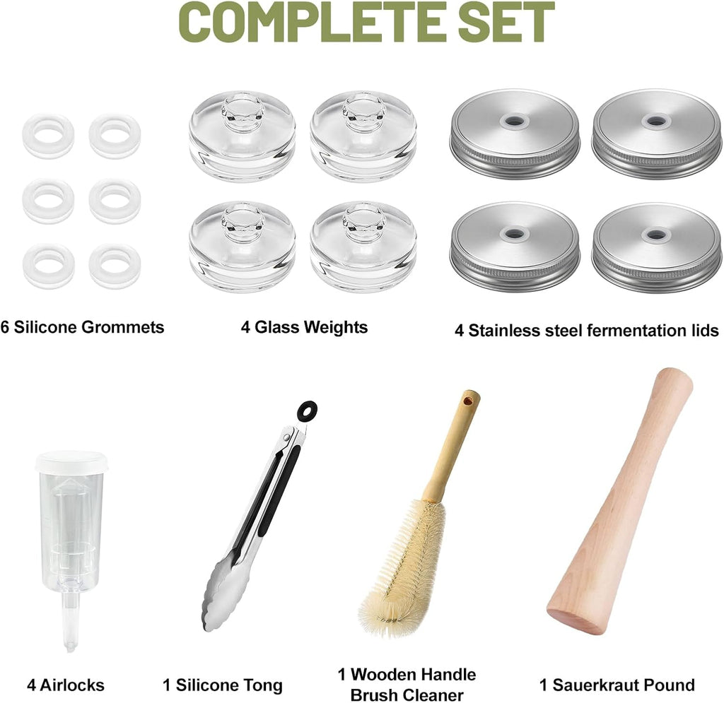 Fermentation Kit for Wide Mouth Mason Jars-4 Stainless Steel Fermentation Lids,4 Glass Fermentation Weights,1