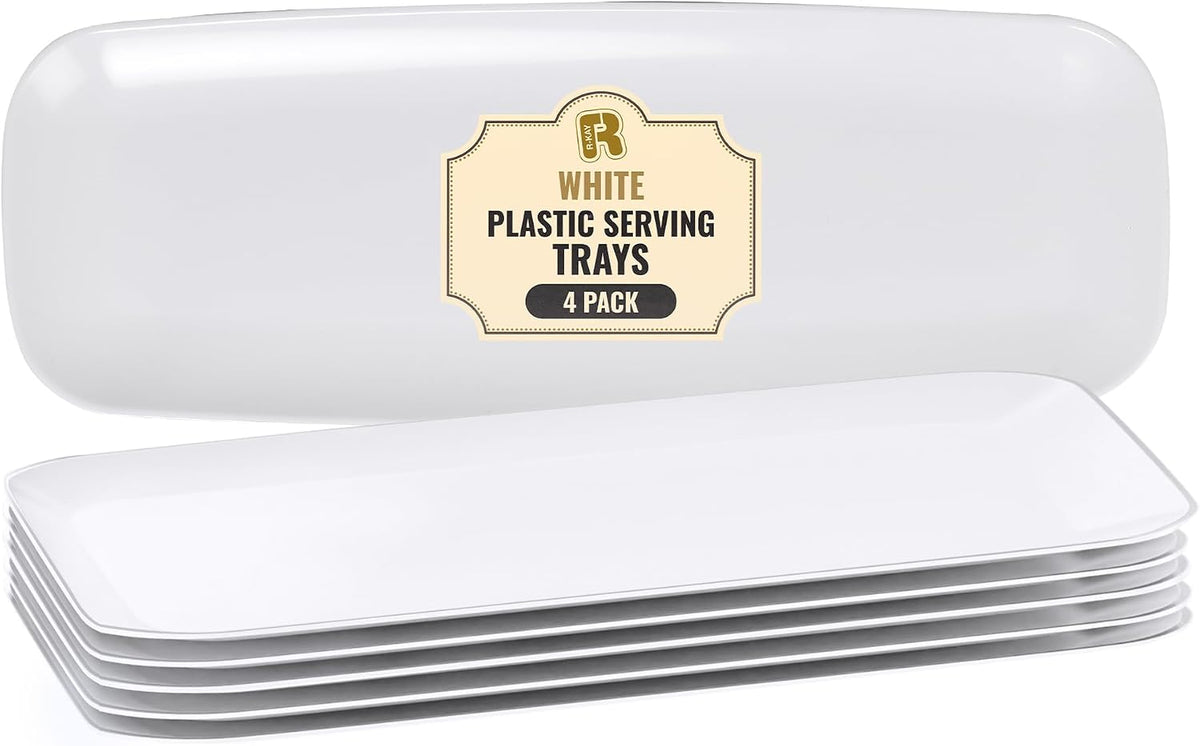4 Pack White Plastic Serving Trays for Party - White Serving Tray 17 by 6.5 in - Rectangular Heavy Duty Dessert Trays