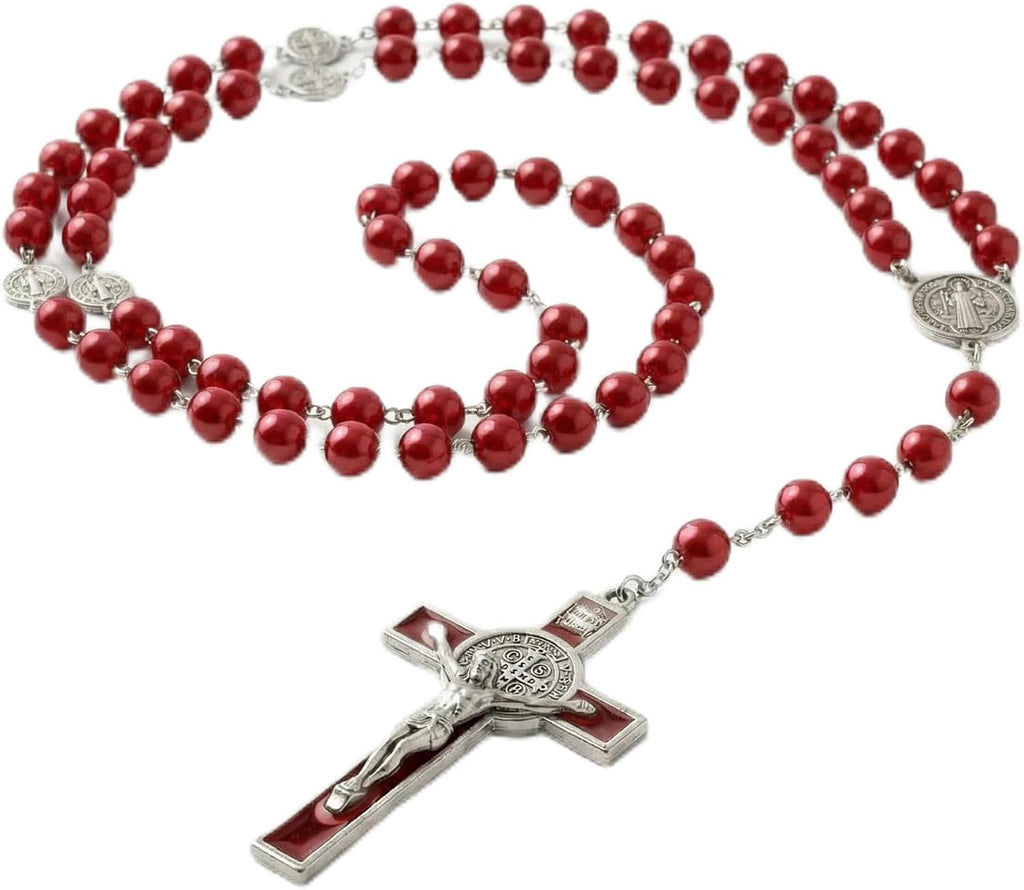 Rosary Beads Catholic for Women - Rosary Necklace for Women with Pearl Beads - Medal Cross Saint Benedict Rosary for