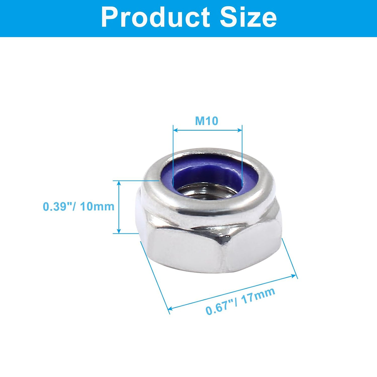 Hordion 10Pcs M10-1.5mm Nylon Lock Nut Stainless Steel Nylon Insert Locknut