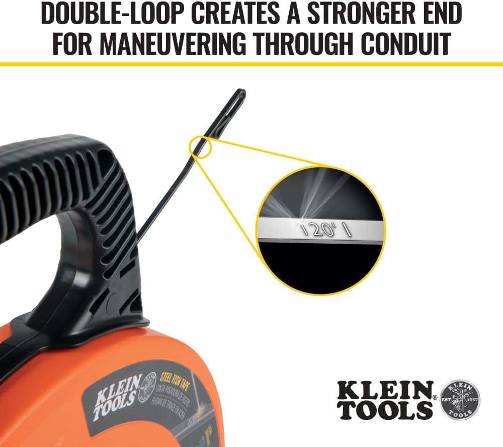 56333 Electrical Fish Tape, Steel Wire Puller with Double Loop Tip, Optimized Housing and Handle, 1/8-Inch x 120-Foot